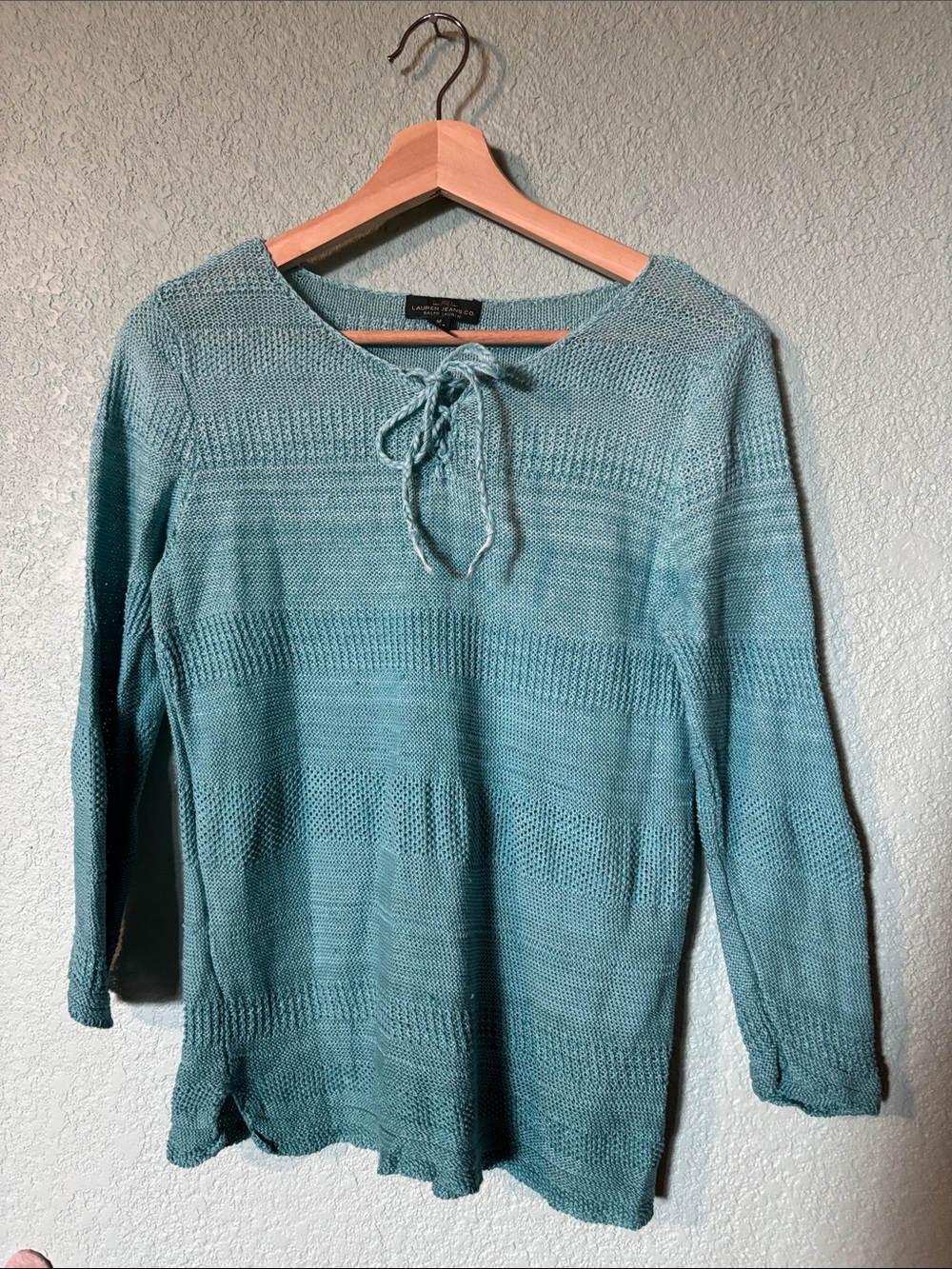 LRL Lauren Jeans Co. Ralph Lauren 100% Linen Teal Knit Tie-Neck Women's Top M